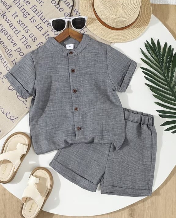 Conjunto de verano para niños de 2 piezas, color sólido casual de poliéster