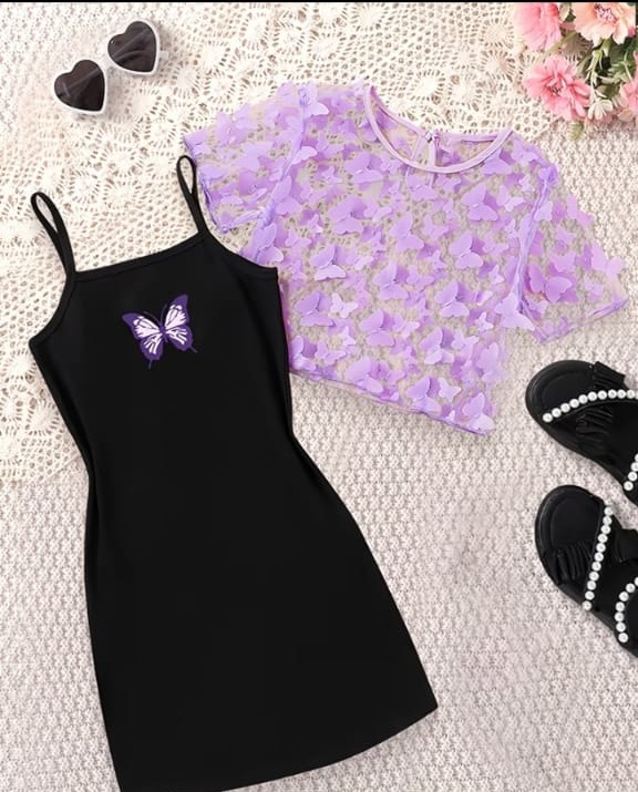2 piezas de camiseta corta de manga con mariposas para niñas + vestido camisola