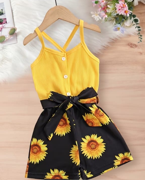 Mono Corto De Tirantes Con Estampado De Girasoles Y Lazo Para Fiestas De Verano