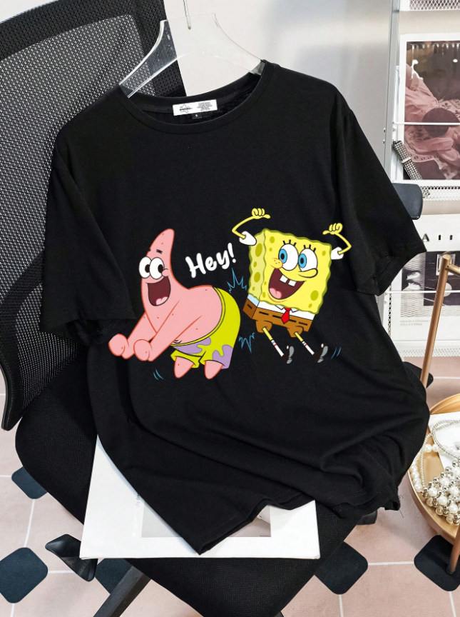 SpongeBob SquarePants | SHEIN Camiseta negra de manga corta, cuello redondo, de corte holgado con lindo estampado de dibujos animados y letras, para mujer