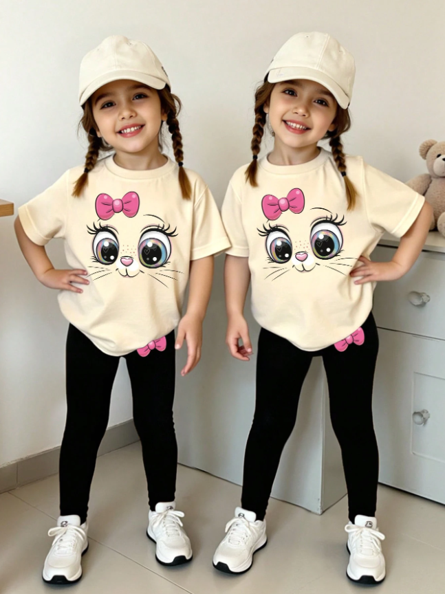 SHEIN Conjunto informal de 2 piezas de niña pequeña con camiseta de manga corta con estampado de gato y animales lindos