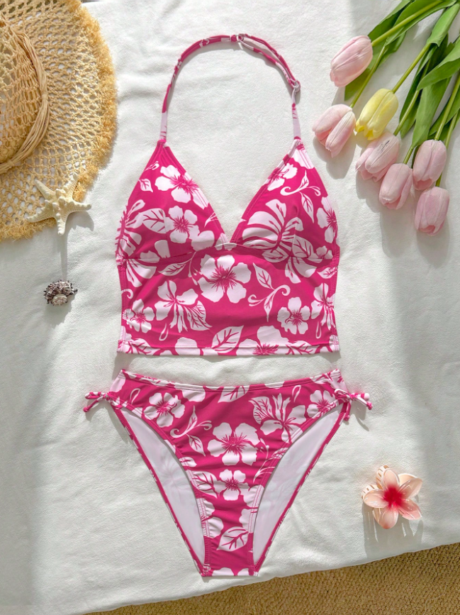 SHEIN Conjunto de bikini halter con estampado floral rosa para adolescentes en vacaciones de verano
