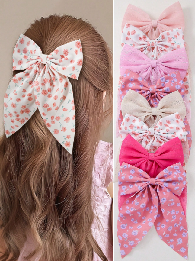 Pinzas para el cabello con lazo de malla de chifón plateado brillante con estampado floral