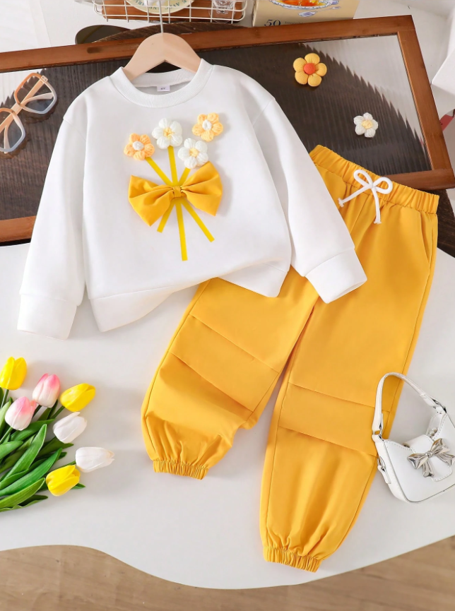 Conjunto de sudadera con cuello redondo cálido con bordado de flores y pantalones largos tejidos para niña