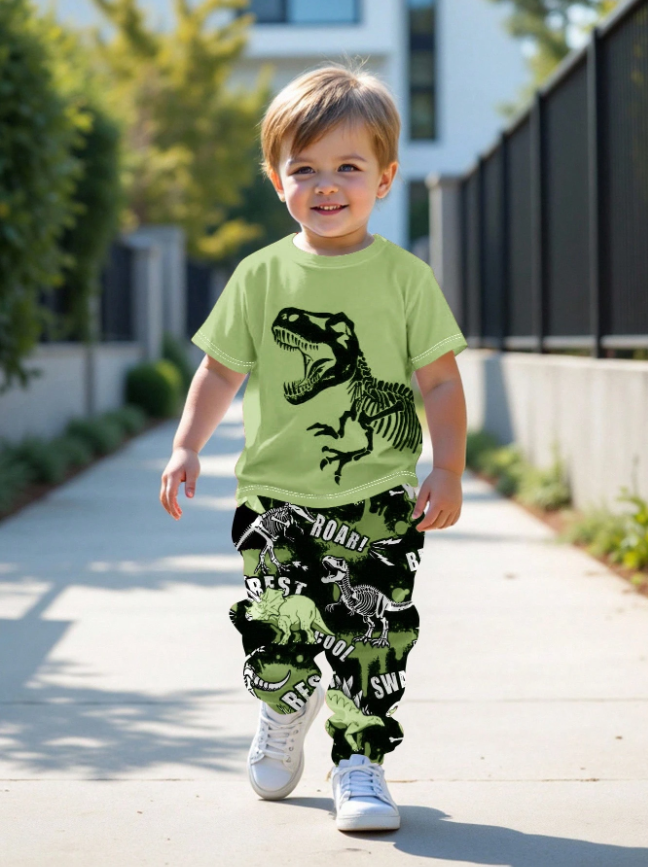 Set de 2 piezas con estilo casual para niño pequeño, camiseta de manga corta con cuello redondo y pantalon