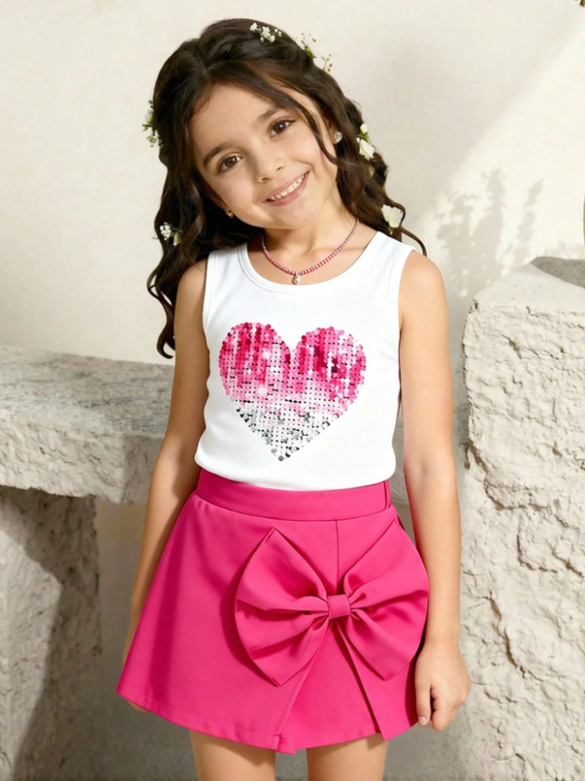 Set de 2 piezas para niñas pequeñas: Top sin mangas con corazón de lentejuelas + Camiseta de cuello