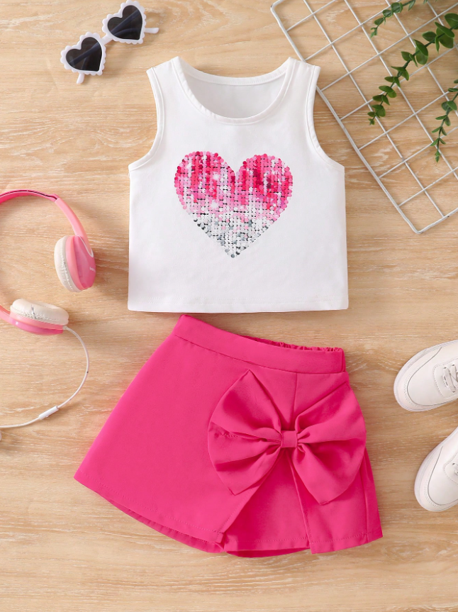 Set de 2 piezas para niñas pequeñas: Top sin mangas con corazón de lentejuelas + Camiseta de cuello