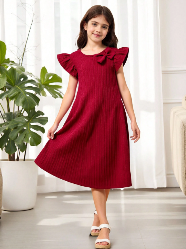 SHEIN Chica preadolescente Vestido con lazo delantero ribete con fruncido