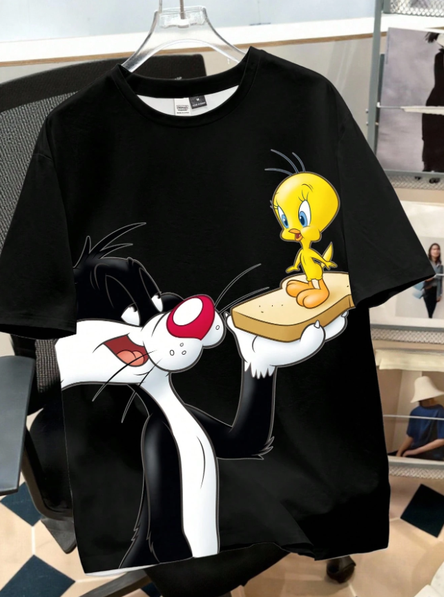 Looney Tunes X Manfinity Manfinity Joysei Camiseta básica casual de hombre con cuello redondo y estampado de dibujos animados