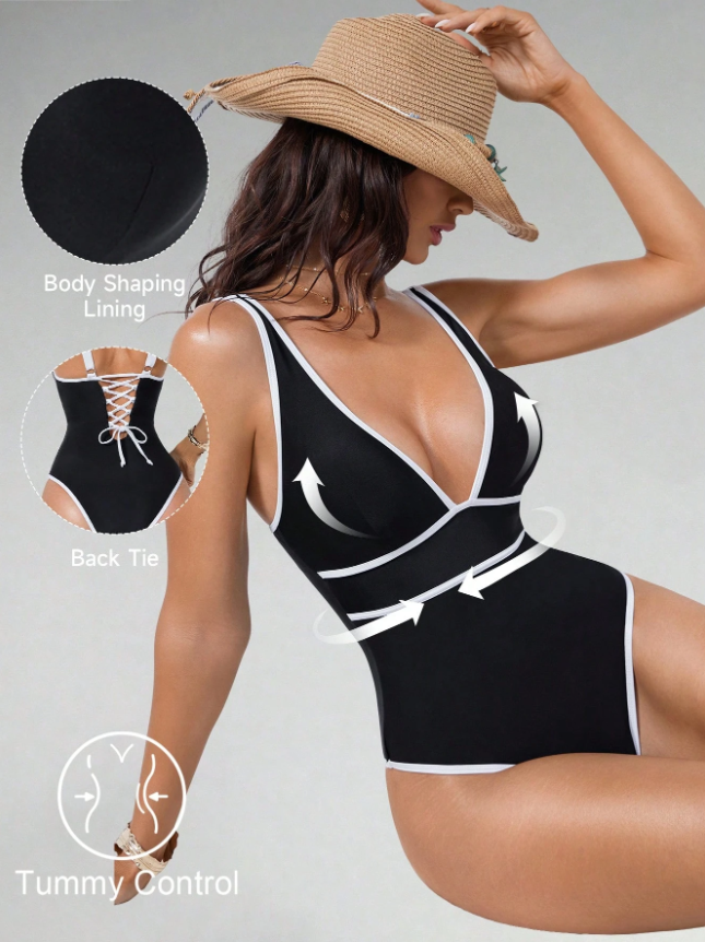 Shapewave Traje de baño de una pieza con escote en V pronunciado para mujer