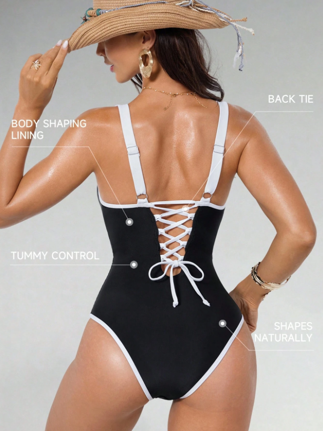 Shapewave Traje de baño de una pieza con escote en V pronunciado para mujer