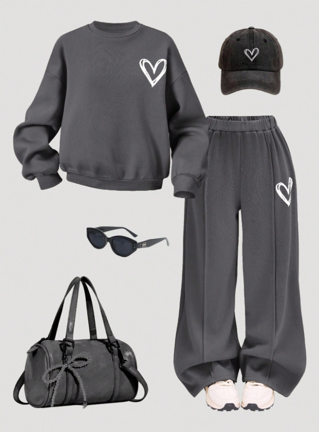 SHEIN Girlism Conjunto de niña preadolescente con sudadera amplia de manga larga con capucha y pantalón ancho tipo chándal en unicolor