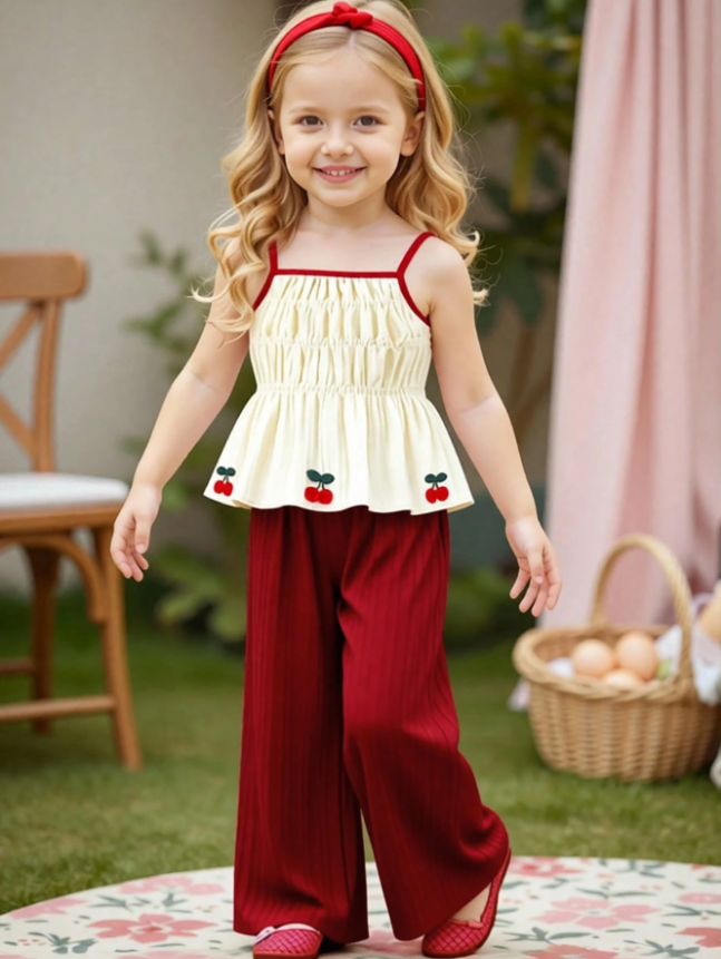 Elladie kids Conjunto de 2 piezas para niñas jóvenes: Camiseta de tirantes plisada color albaricoque con decoración de lazo + Pantalones anchos de pierna ancha a rayas color marrón caramelo