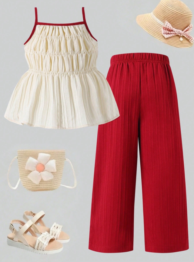 Elladie kids Conjunto de 2 piezas para niñas jóvenes: Camiseta de tirantes plisada color albaricoque con decoración de lazo + Pantalones anchos de pierna ancha a rayas color marrón caramelo